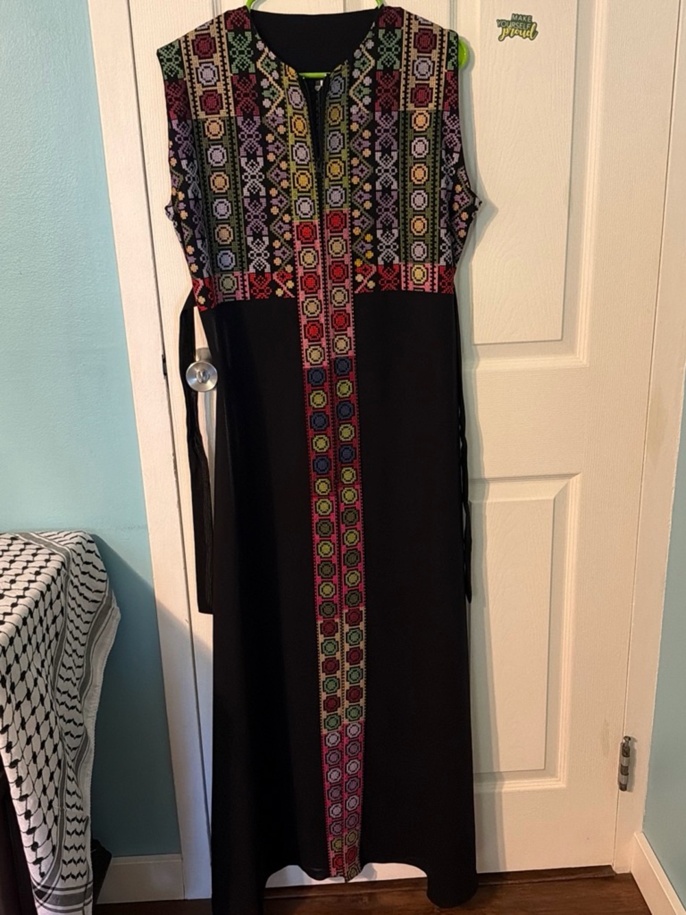 Embroidered Sleeveless Black Maxi Dress with Multicolor Trim